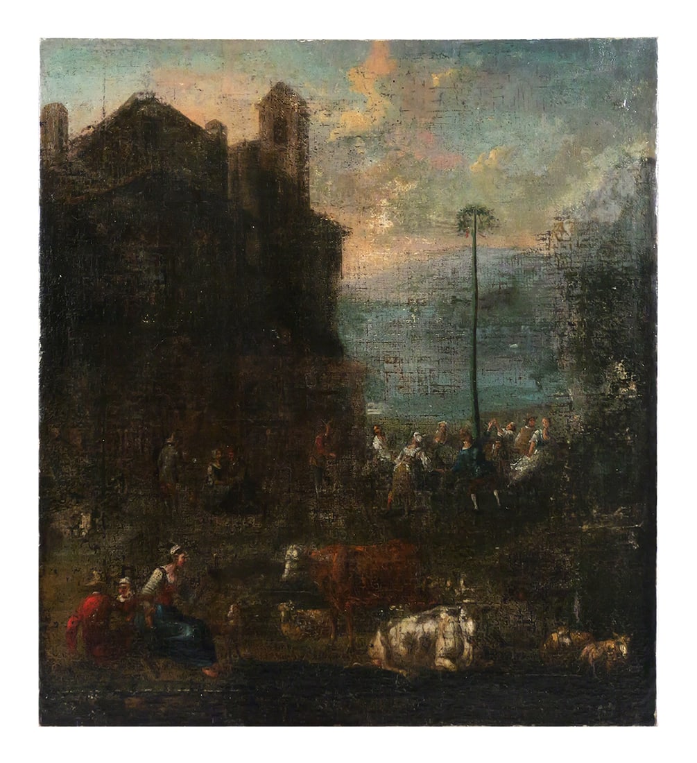 Unknown Flemish Master Landscape Ptg: Oil on canvas of landscape with livestock in the foreground and a building on left, unsigned by a Flemish old master, 18th century, canvas measures 30-1/2" x 27-3/4". This item will need to be