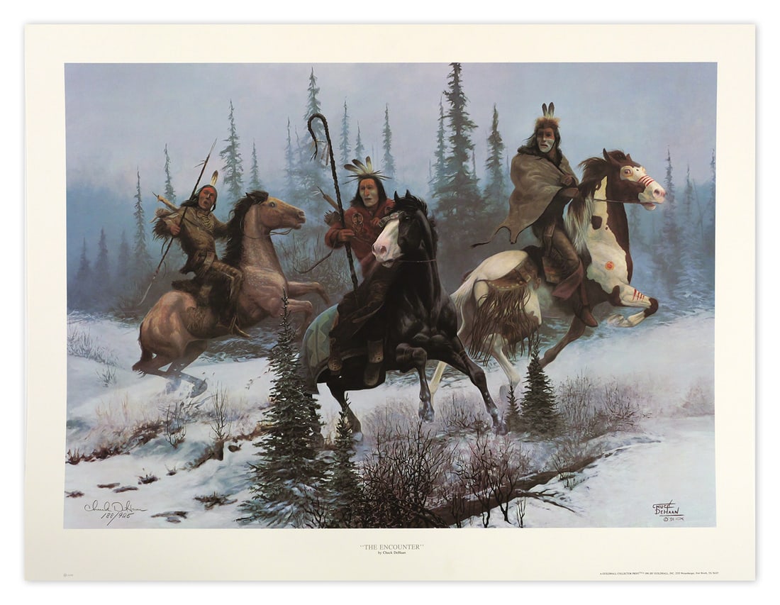 CHUCK DEHAAN Native Americans Horseback: Limited edition offset lithograph print of three Native Americans on horseback in a snowy landscape titled "The Encounter" by the artist Chuck DeHaan (b. 1933), signed in pencil lower left and