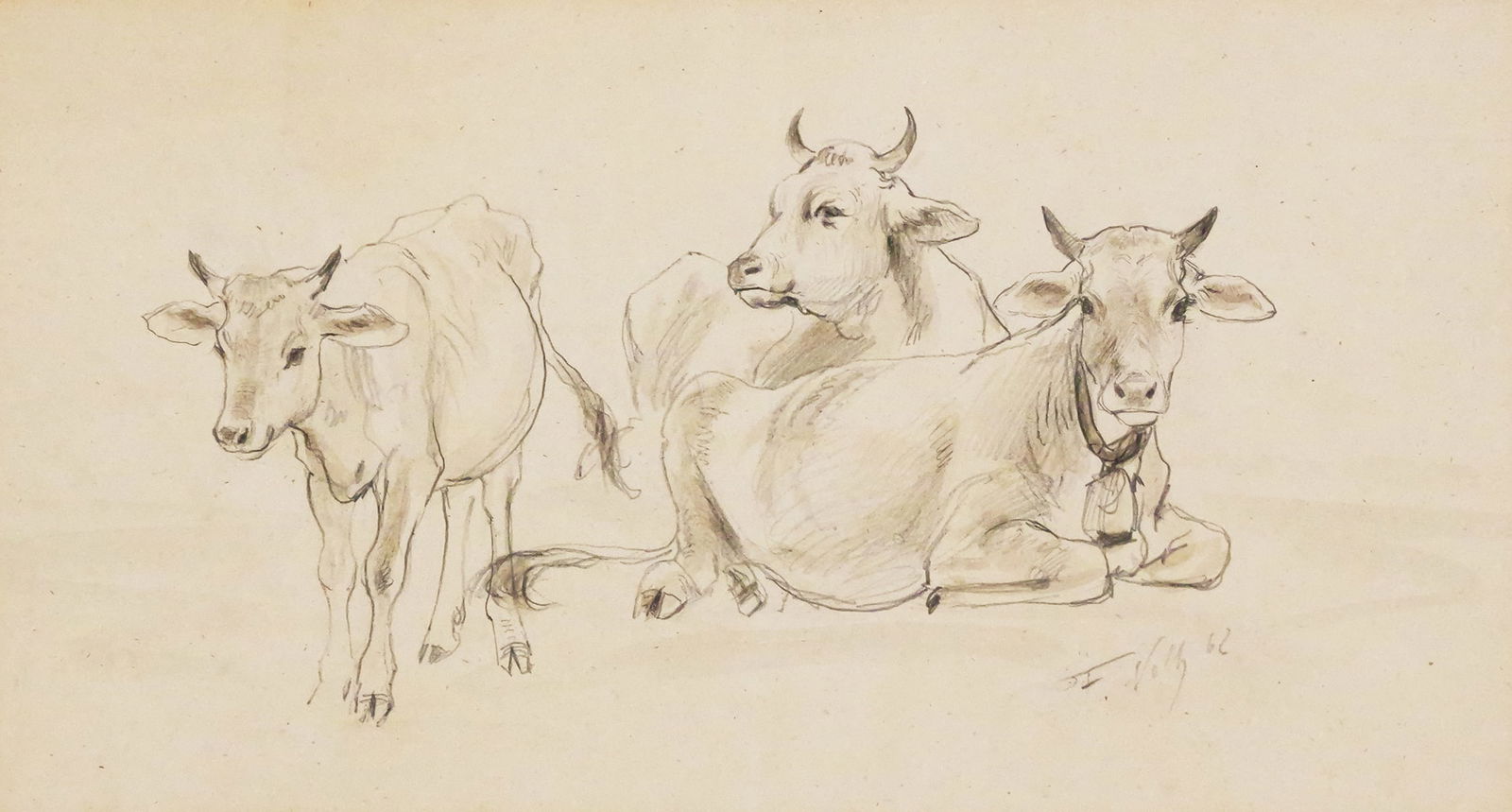 FRIEDRICH VOLTZ Cow Drawing: Pencil and watercolor on paper, animal study of three cows, signed lower right F. Voltz, dated 1862, German painter Johann Friedrich Voltz (1817-1886). Image measures 6-3/4" x 12" frame measures 12"
