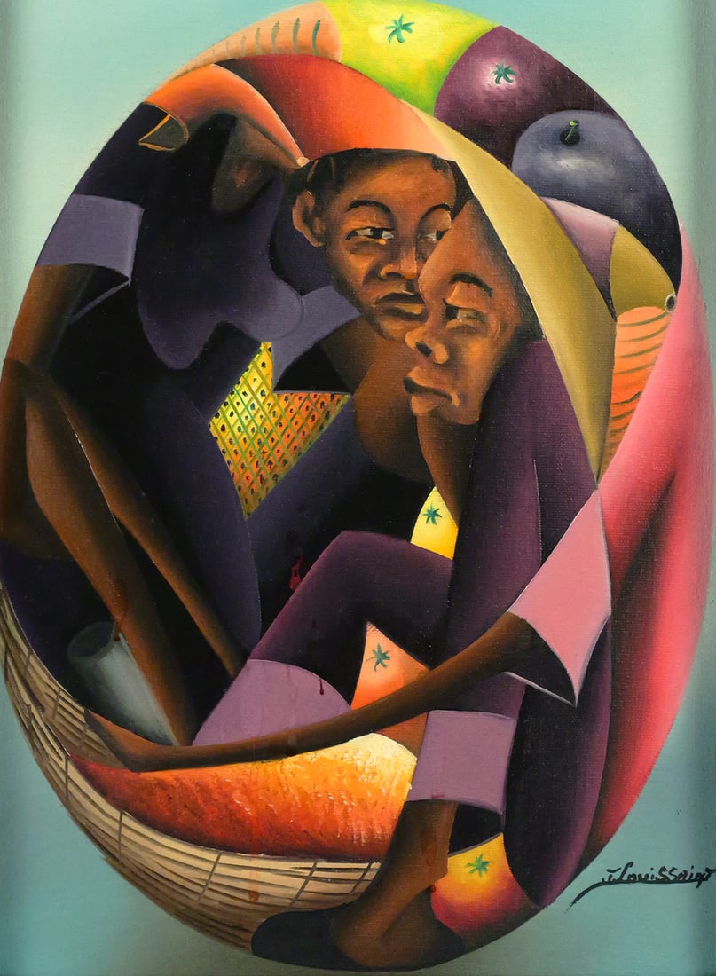 JACQUES LOUISSAINT Figurative Painting: OIl on canvas painting of a mother and child gathering fruit in a modernist style by Haitian Artist Jacques Louissaint (b. 1950), signed lower right, image measures 15-1/2" x 11-1/2" frame measures