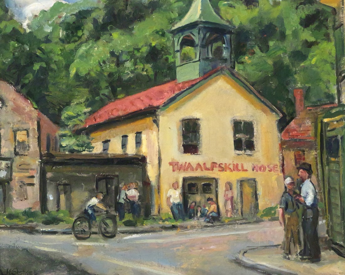 HELEN SHOTWELL Small Town Painting: Oil on board painting of a small town street scene with a building labeled "Twaalfskill Hose House" by Artist Helen Harvey Shotwell, a Woodstock colony artist in upstate New York, signed lower left,
