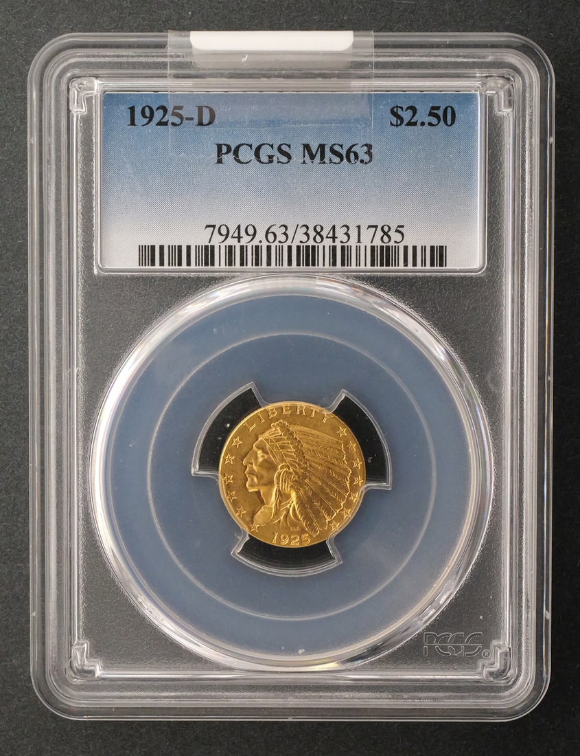 1925-D $2.5 Indian Quarter Eagle PCGS MS63: PCGS graded MS 63, 1925 D United States $2.50 Indian Head gold quarter eagle. This item can be shipped in-house. Multiple lot combined shipping may require 3rd Party shipping.