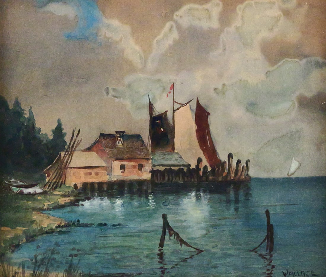 WALLACE Harbor Scene Watercolor: Watercolor painting depicting a harbor scene with boats, signed lower right Wallace, image measures 9-1/2" x 11-1/2" frame measures 13-1/2" x 15-1/4". This item will need to be shipped by a packing