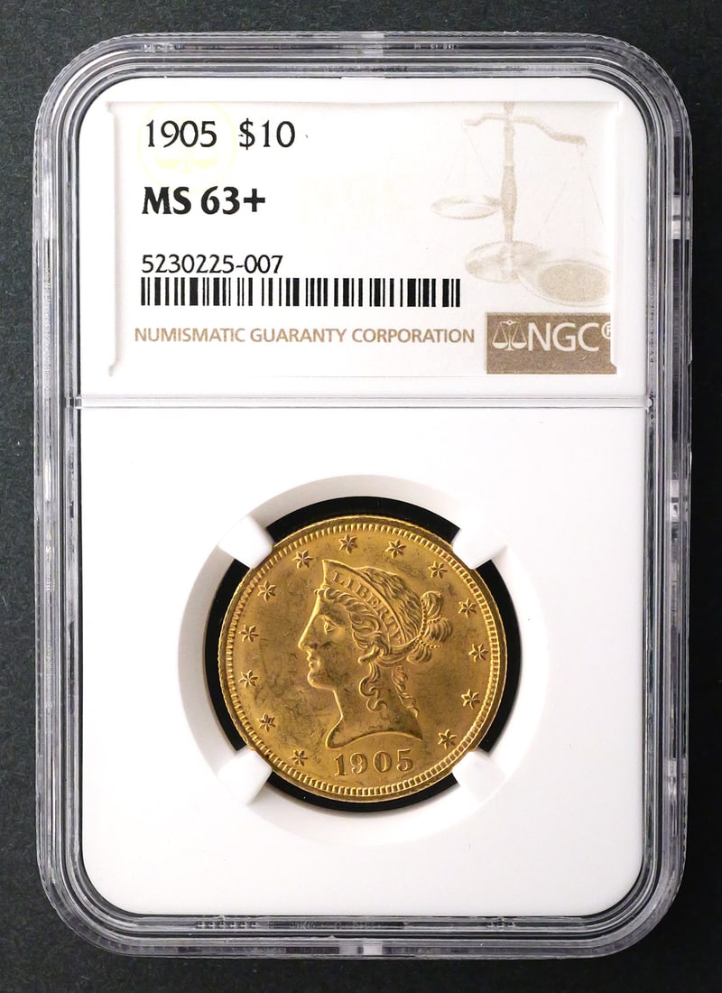 1905 $10 Liberty Eagle NGC MS63+: NGC graded NGC MS 63+, 1905 United States $10 Liberty Head gold eagle. PLEASE NOTE: Credit cards will not be accepted for this purchase. This item can be shipped in-house. Multiple lot combined