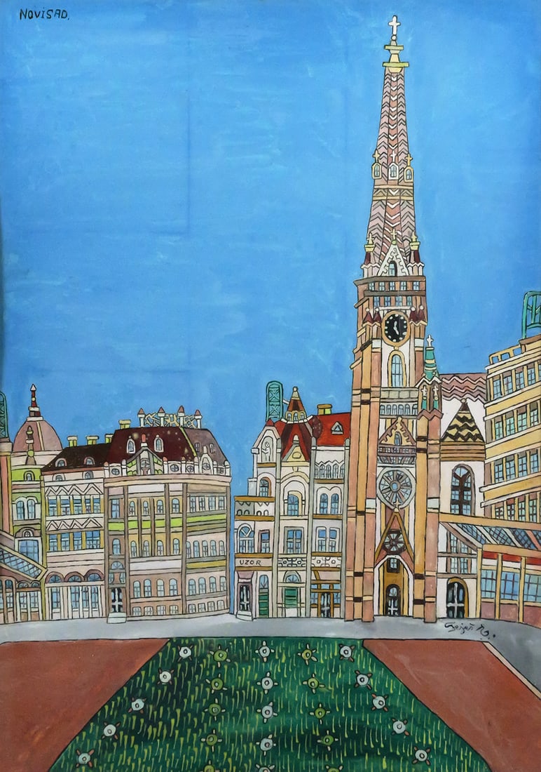 EMERIK FEJES Cathedral Painting: Tempera or gouache on board painting of a Cathedral in Novi Sad, Serbia by Serbian artist Emerik Fejes (1904-1969), signed lower right and upper left reads "NOVISAD," image measures 23" x 16" frame