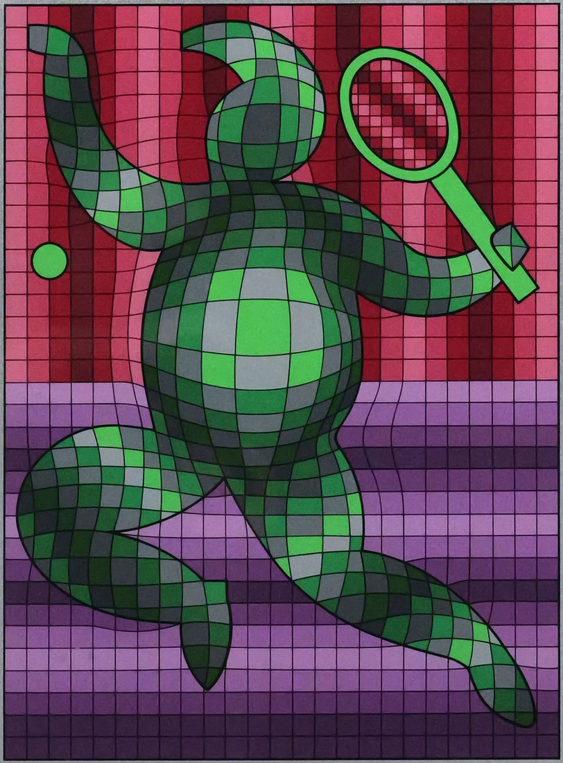 VICTOR VASARELY Tennis Player Serigraph: Serigraph of a tennis player by Victor Vasarely (Hungarian-French, 1906-1997) in his op art style, signed in pencil lower right and numbered lower left 139/200, image measures 13-1/4" x 9-1/2" frame