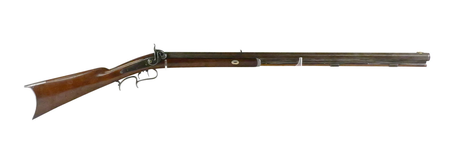 Percussion Half Stock Plains Rifle Siebert: Antique percussion half stock rifle. Approx. .36 caliber. Heavy octagon barrel measures 31", marked "C. Siebert Columbus O". Measures 47-1/2" overall. Percussion ignition. Features set trigger,