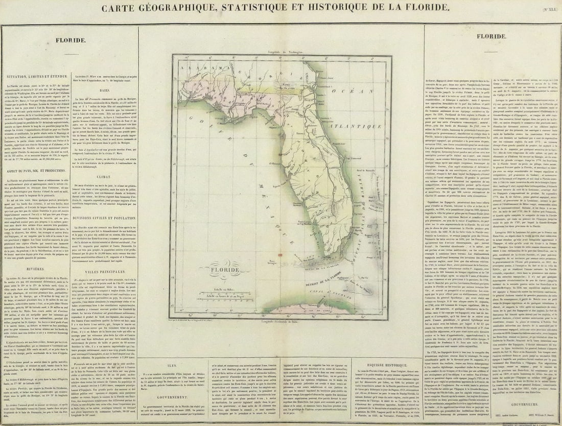 Antique French 1825 Map Florida: Large framed map of Florida with French text surrounding it, on the verso is what appears to be a cover page for an Atlas of America (Fonderie Et Imprimerie De J Carez) that the page was likely taken