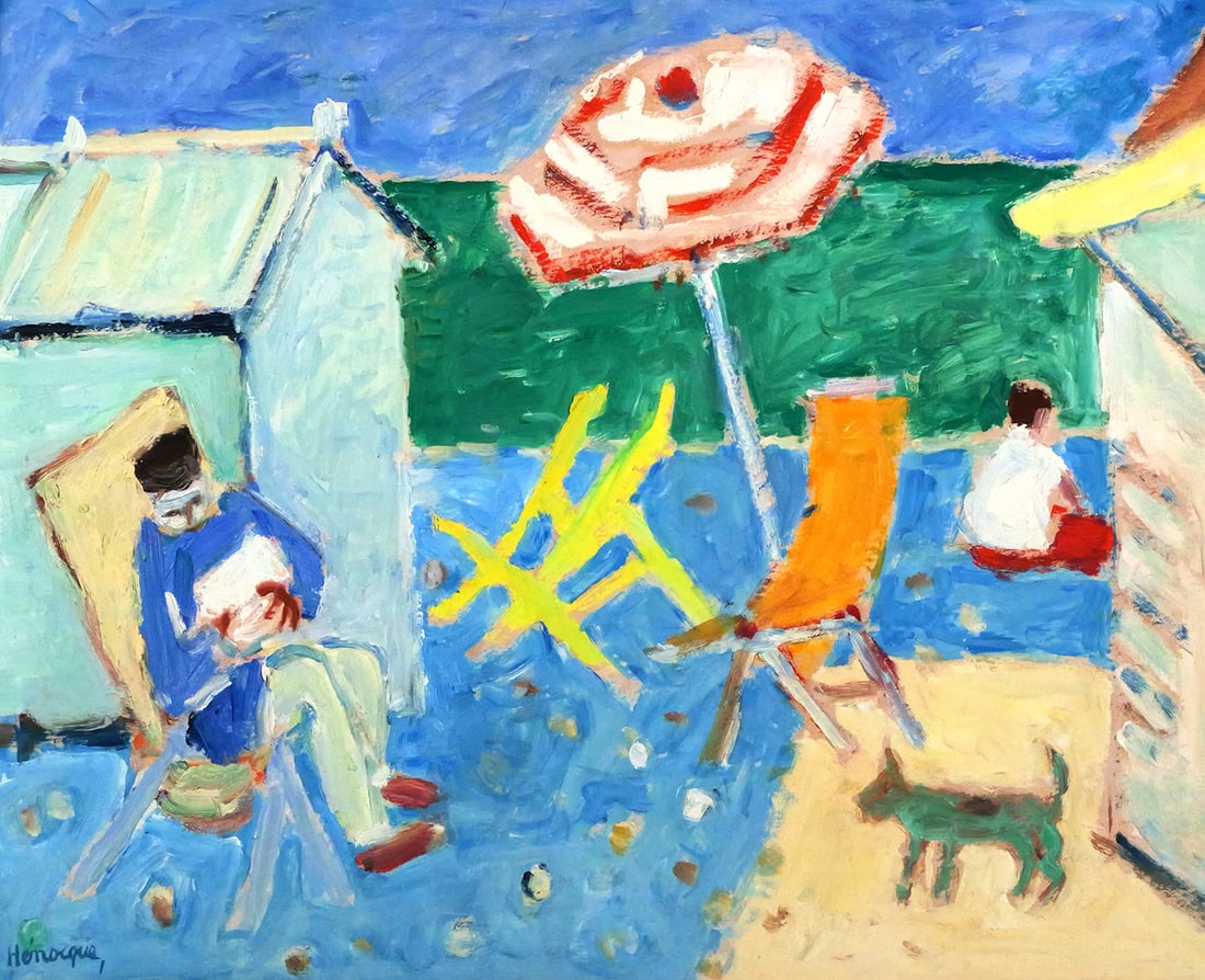 ANDRE HENOCQUE Beach Painting: Oil on board of people at the beach with umbrella and dog, signed lower left Henocque, frame measures 25" x 30-1/2". Work includes a photograph and note from the artist. This item will need to be