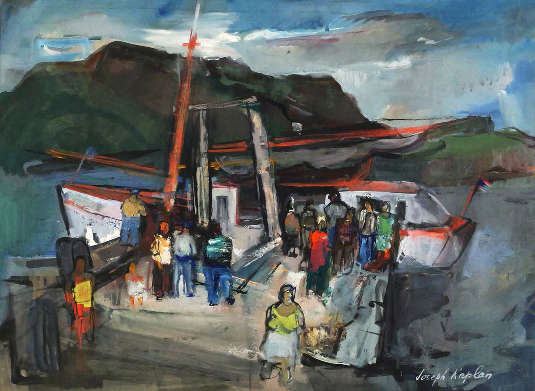 JOSEPH KAPLAN Harbor Scene Painting: Oil on board painting of a harbor scene, with people at the docks with fishing boats, signed lower right Joseph Kaplan (1900-1982), upstate New York artist and WPA artist, image measures 21-1/2" x