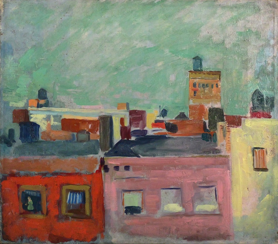 E.K.K. Wetherill, Modernist Cityscape O/C Painting: Oil on canvas painting by Elisha Kent Kane Wetherill (American, 1874-1929). Modernist urban rooftop scene, measuring 14-1/4'' x 16-1/4'', possibly signed lower right, signed E.K.K. Wetherill on label