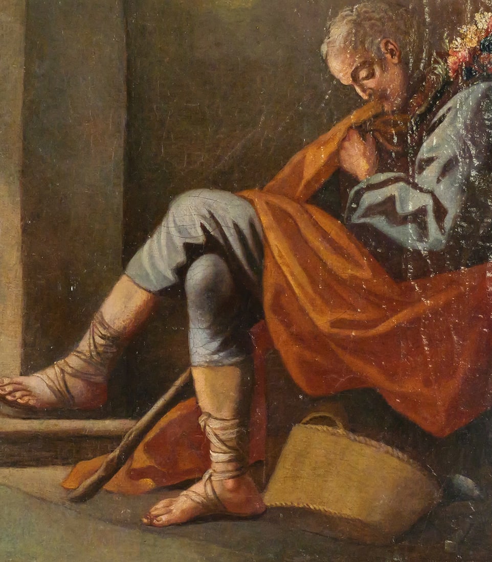 OLD MASTER Painting of Shepherd, Oil/Canvas: Old Master style oil on canvas fragment mounted on board painting of man, possibly a shepherd, resting with large staff with a bouquet of flowers on the top in an interior setting, unsigned. Image