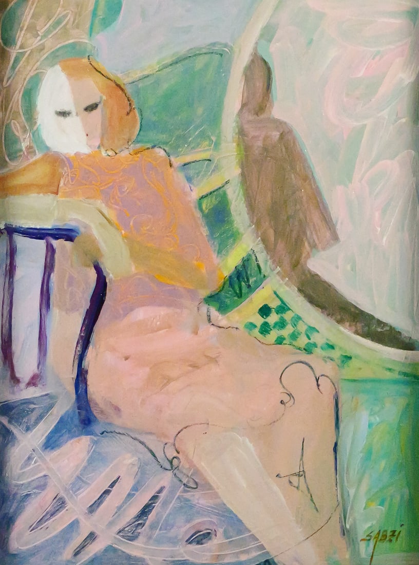 MAHMOUD SABZI Figurative Acrylic Painting: Acrylic painting of a reclining figure in an abstracted setting, signed lower right by artist Sabzi (Iranian/American, b. 1955), image measures 14-1/2" x 10-1/2" frame measures 28-1/2" x 24". This