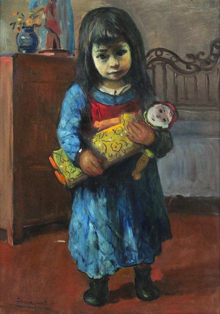 ETTORE CACCIAPUOTI Young Girl Portrait Ptg: Oil on canvas painting of a young girl holding a doll signed lower left, Ettore Cacciopuoti (Italian, 1860-1923), image measures 27-1/2" x 20" frame measures 31-1/2" x 23-1/2". This item will need to