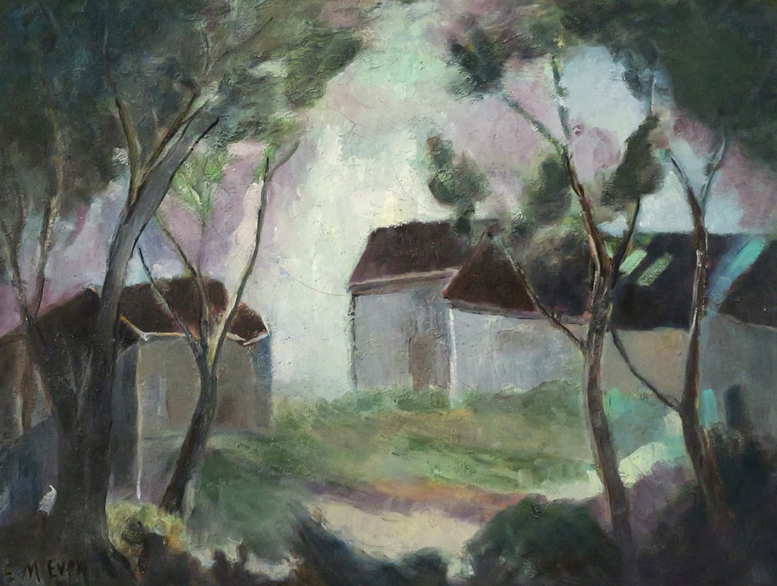 EUGENIE MCEVOY Landscape Painting: Oil on canvas painting of a rural landscape (Woodstock, NY) with trees in the foreground and buildings in the background, signed lower left E. McEvoy, a Woodstock artist in Upstate New York, framed