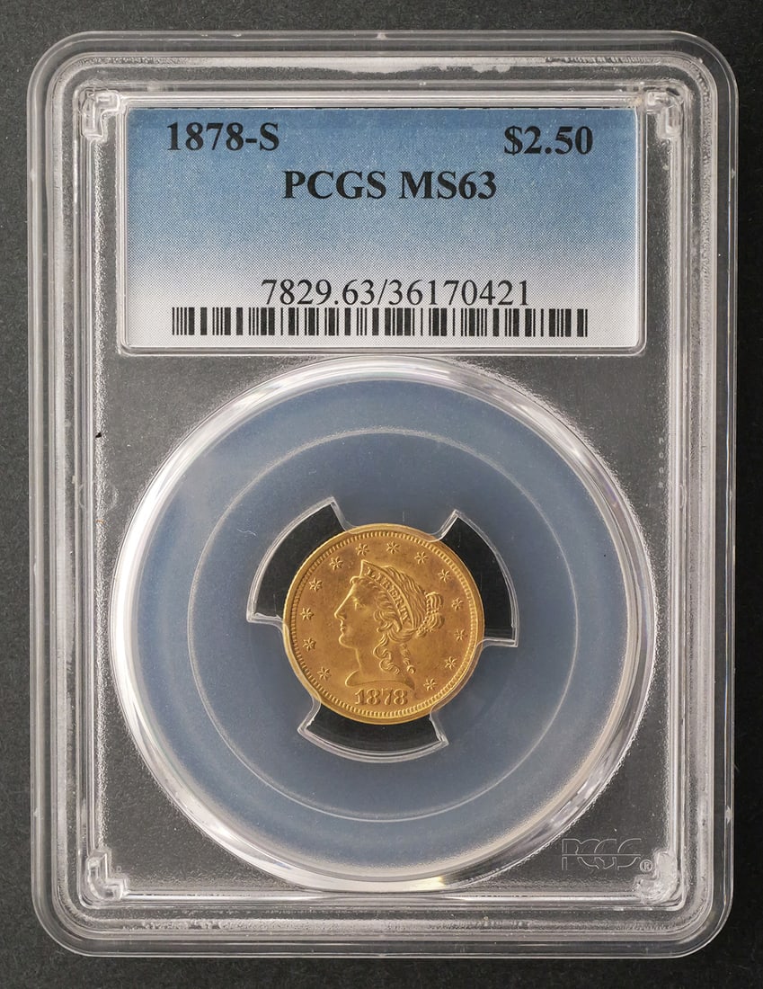 1878-S $2.5 Liberty Quarter Eagle PCGS MS63: PCGS graded MS 63, 1878 S United States $2.50 Liberty Head gold quarter eagle. This item can be shipped in-house. Multiple lot combined shipping may require 3rd Party shipping.