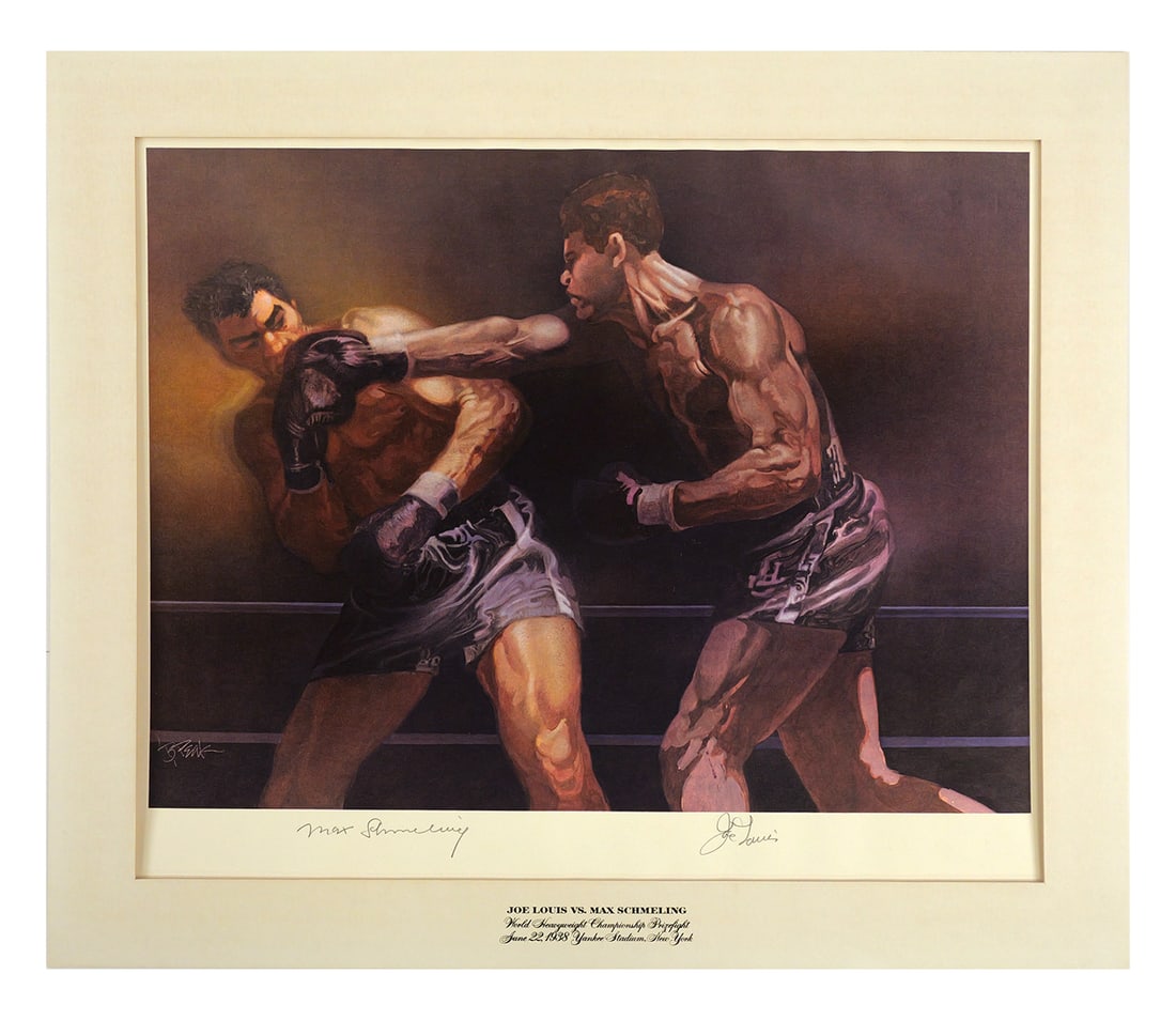 Bob Peak Joe Louis vs Max Schmeling Print Signed: Joe Louis vs Max Schmeling Print signed by both fighters. Depicting Joe Louis and Max Schmeling's World Championship boxing match June 22, 1938 at Yankee Stadium, New York. Artwork by illustrator and