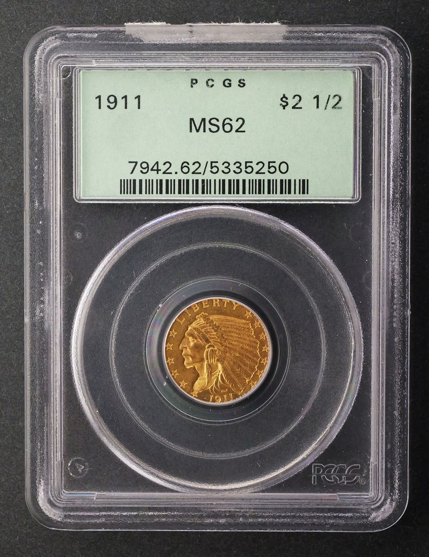 1911 $2.5 Indian Quarter Eagle PCGS MS62: PCGS graded MS 62, 1911 United States $2.50 Indian Head gold quarter eagle. This item can be shipped in-house. Multiple lot combined shipping may require 3rd Party shipping.