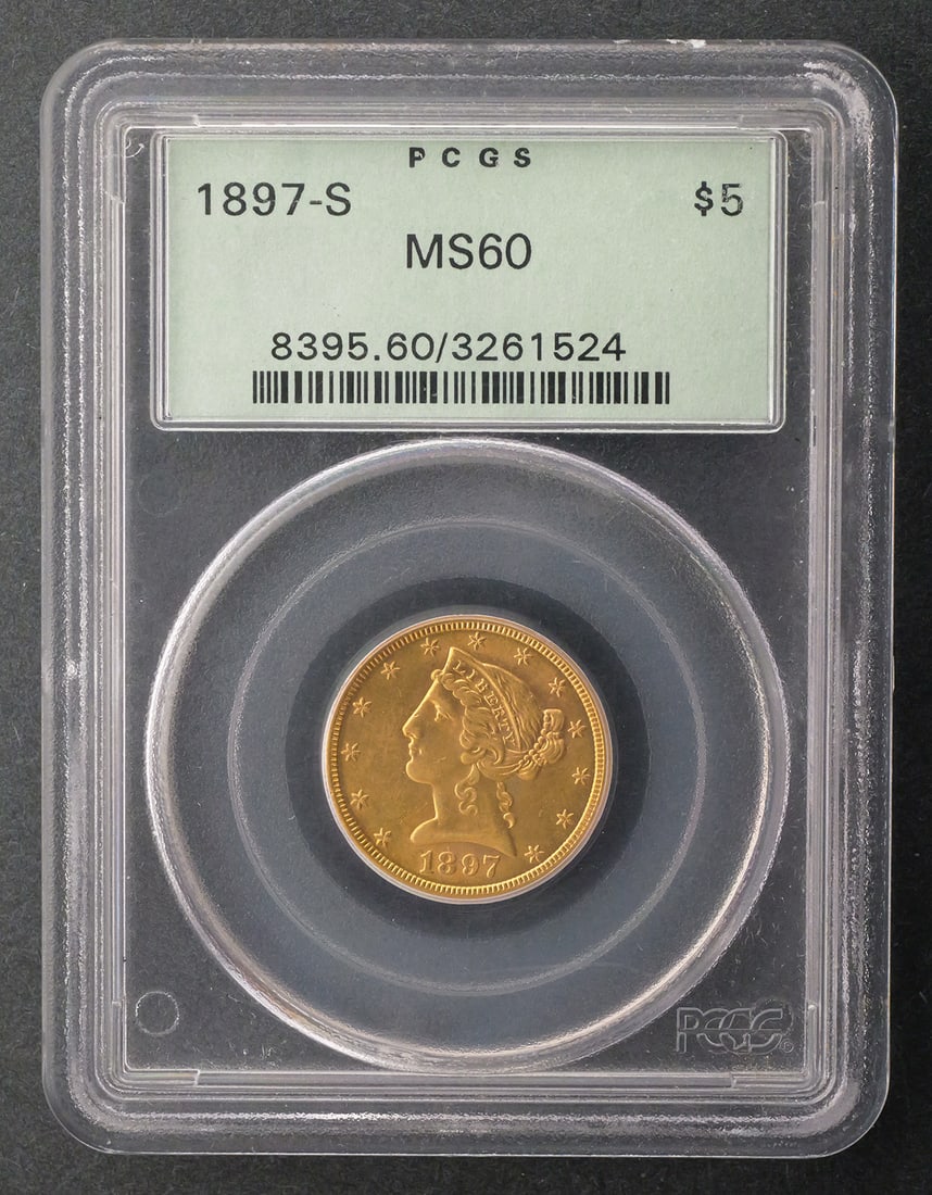 1897-S $5 Liberty Half Eagle PCGS MS60: PCGS graded MS 60, 1897 S United States $5 Liberty Head gold half eagle. This item can be shipped in-house. Multiple lot combined shipping may require 3rd Party shipping.