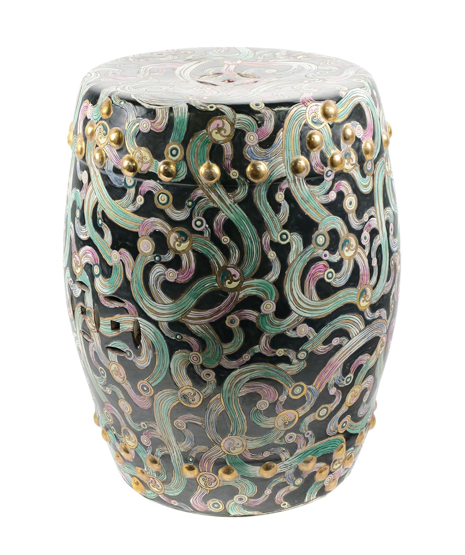 Chinese Porcelain Garden Seat: Chinese porcelain garden stool. Black glaze with swirling pattern and gold gilt stud accents. Approx. 14" x 18-1/2". This item will need to be shipped by a packing company of your choice. We maintain
