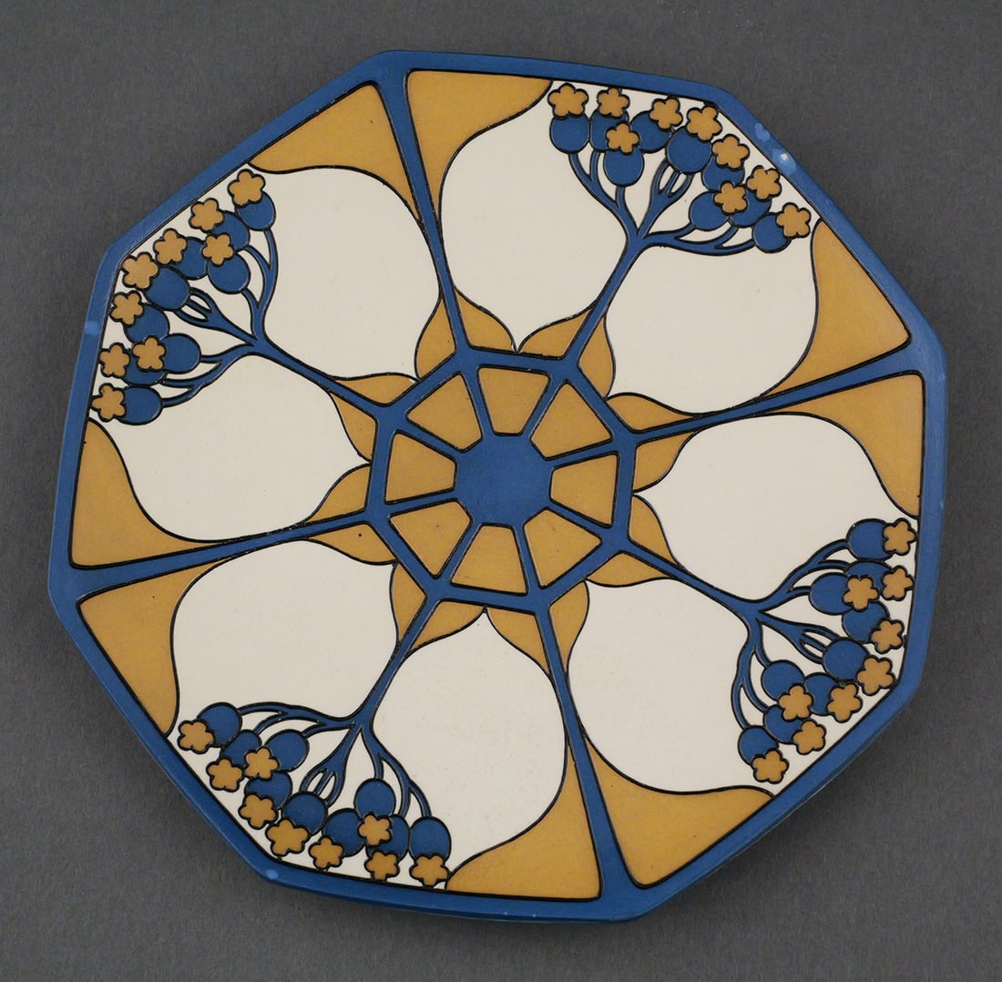 Mettlach Elderberry Blossom Plate: Villeroy & Boch Mettlach stoneware Art Nouveau "Elderberry Blossom" pattern plate 3096. Antique early 20th century, 1913. Approx. 7-1/8"Dia. This item can be shipped in-house. Multiple lot combined