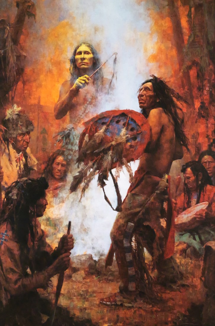 HOWARD TERPNING Native American Lithograph: Off-set lithograph of a work titled "Transferring the Medicine Shield" featuring Native American figures, signed by Howard Terpning (b. 1927) in pencil and numbered lower left 677/750. Image measures