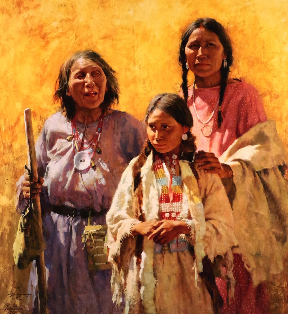 HOWARD TERPNING Three Generations Giclee: Limited edition Giclee on canvas of a work titled " Three Generations" featuring three Native American women by Howard Terpning (b. 1927), signed in black ink lower left and numbered 99/500, print