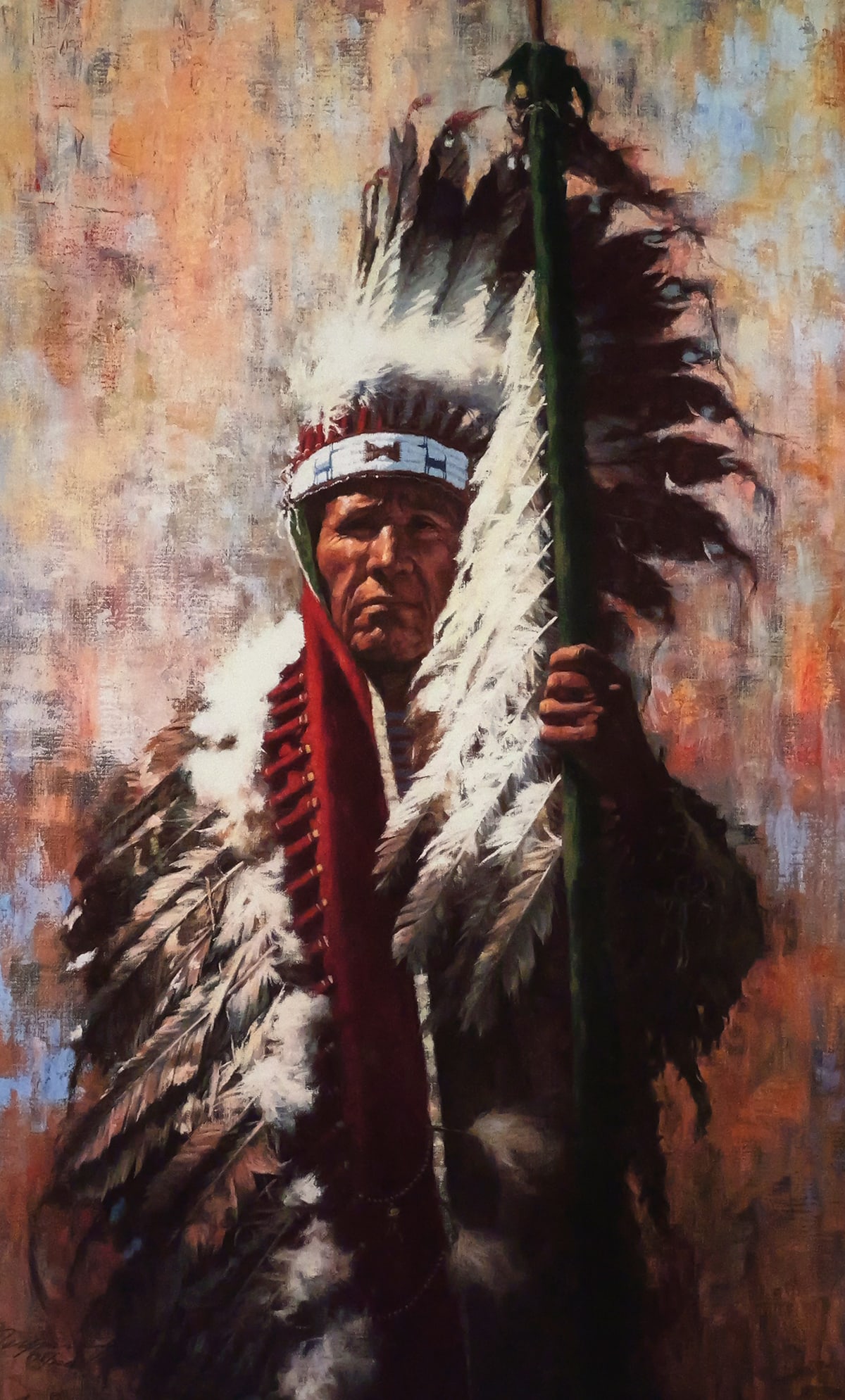 HOWARD TERPNING Native American Lithograph: Limited edition offset lithograph of a work titled "The Strength of Eagles" featuring a portrait of a Native American by Howard Terpning (b. 1927), signed in black ink lower left and numbered