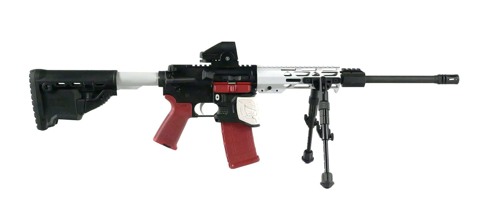 DPMS A-15 Rifle 5.56: DPMS A-15 semi-automatic rifle chambered in .223 - 5.56, serial # FH230276. 16" barrel. Flat top upper receiver with Picatinny rail. Stormtrooper white handguard with integrated Picatinny top rail.