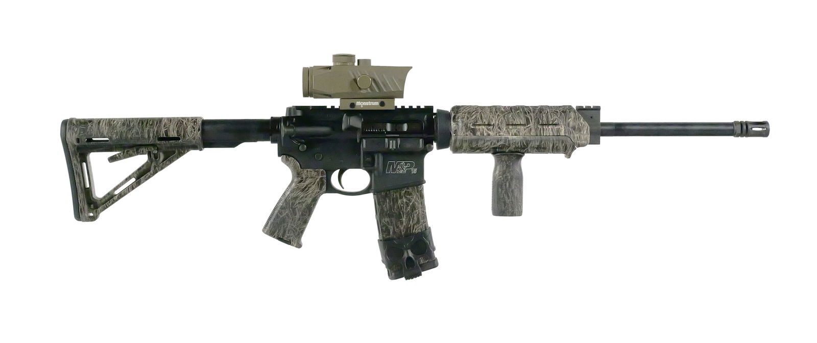 Smith & Wesson M&P-15 Rifle 5.56: Smith & Wesson M&P-15 semi-automatic rifle chambered in 5.56 NATO. 16" barrel. Lower receiver marked “Smith & Wesson, Springfield, MA, Made in U.S.A.” Serial TT31736. Fitted with Magpul