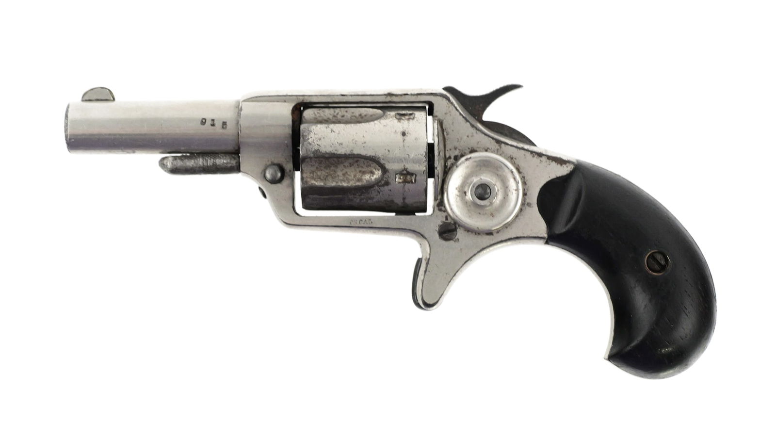 1873 COLT New Line .32 Revolver (First Year): Antique Colt New Line revolver in .32 caliber. Serial #915, (1873). Barrel marked with two line address "COLT'S PT. F.A. MFG CO / HARTFORD U.S.A." Left frame marked "32 CAL." Serial number 915 stamped
