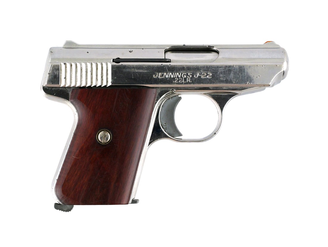 Jennings J-22 .22 LR Pistol: Jennings Firearms Inc. J-22 semi-auto pistol .22 LR. Serial number 719921. 2-1/2" barrel. Black finish; molded grip with vertical ribs; slide serrations present. One magazine included. This item can