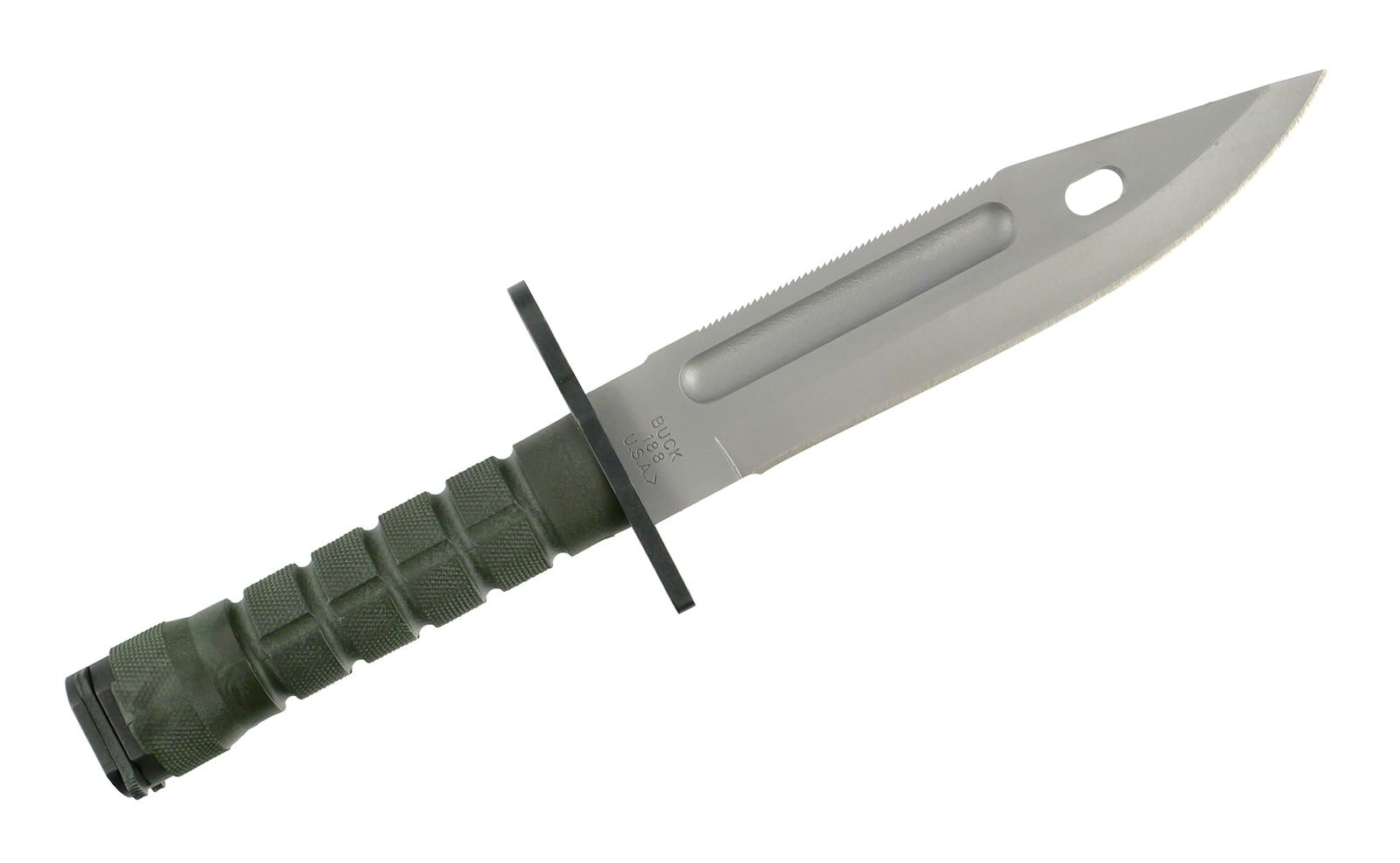 Buck 188 M9 Bayonet Phrobis III Chevron 1987: Buck Model 188 M9 bayonet designed by Phrobis III. 1st-run commercial production example manufactured in 1987. Blade marked "PHROBIS III U.S.A." and "BUCK 188 U.S.A. >" on the opposite ricasso.