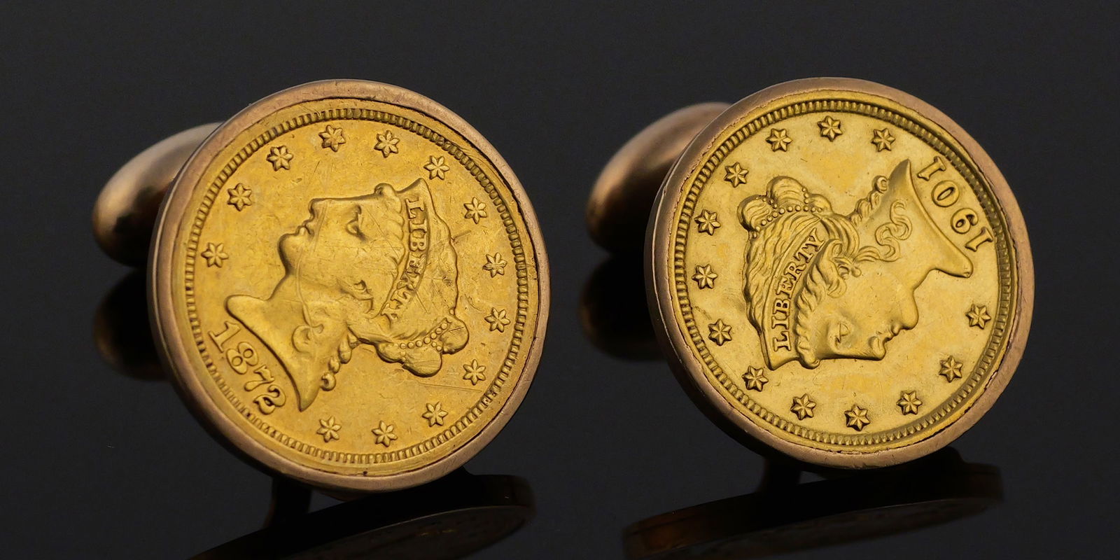 Gold Coin Cufflinks, 1872-S & 1901 Quarter Eagles (1 of 3)