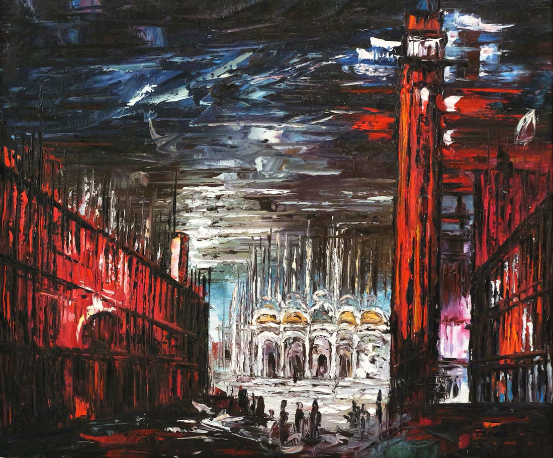 TSENG Piazza San Marco Painting: Oil on canvas painting of Piazza San Marco in Venice Italy, impressionist style with thick impasto paint application, signed lower right TSENG. Image measures 19-1/2" x 23-1/2" frame measures 25" x