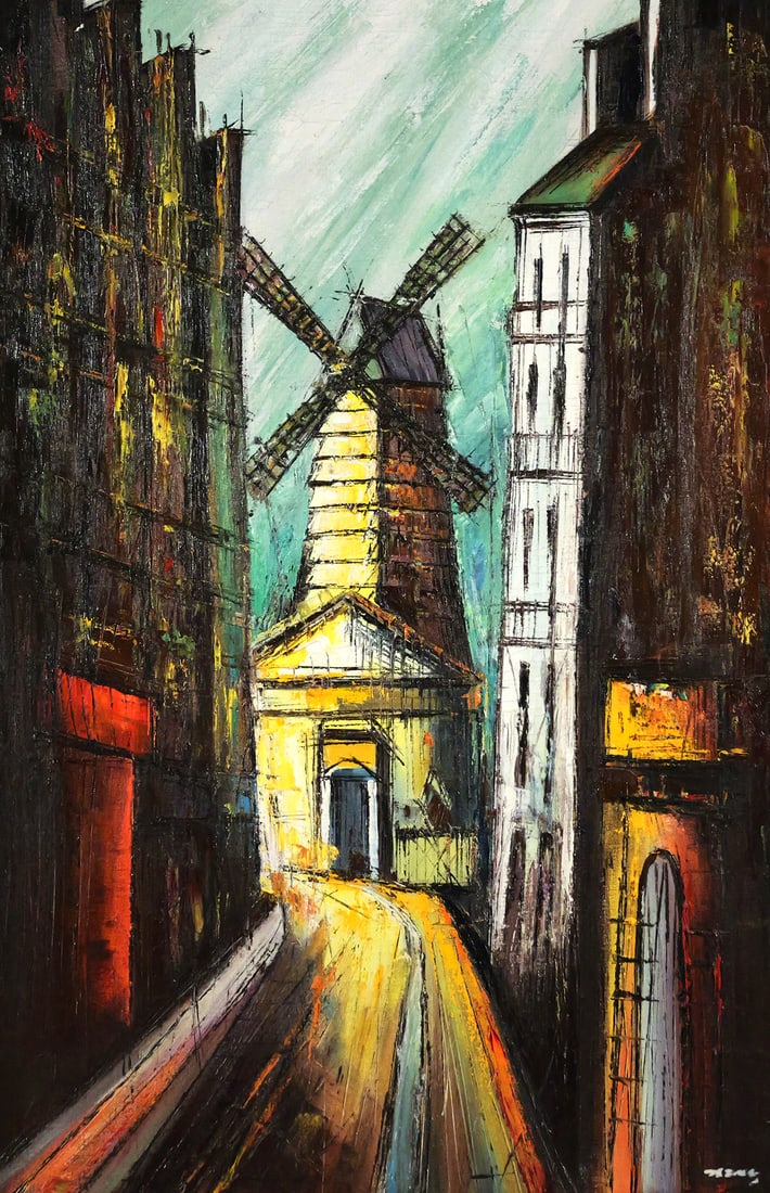 TSENG Mouline de la Galette in Paris Painting: Oil on canvas painting of Moulin de la Galette, a famous windmill in Montmartre Paris, impressionist style with thick impasto paint application, signed lower right TSENG. Image measures 35-1/2" x