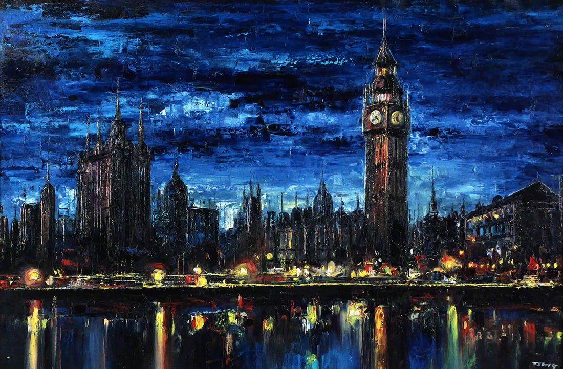 TSENG House Parliament Painting: Oil on canvas painting of the Houses of Parliament and Big Ben in London, England, impressionist style with thick impasto paint application, signed lower right TSENG. Image measures 23-1/2" x 35-1/2"