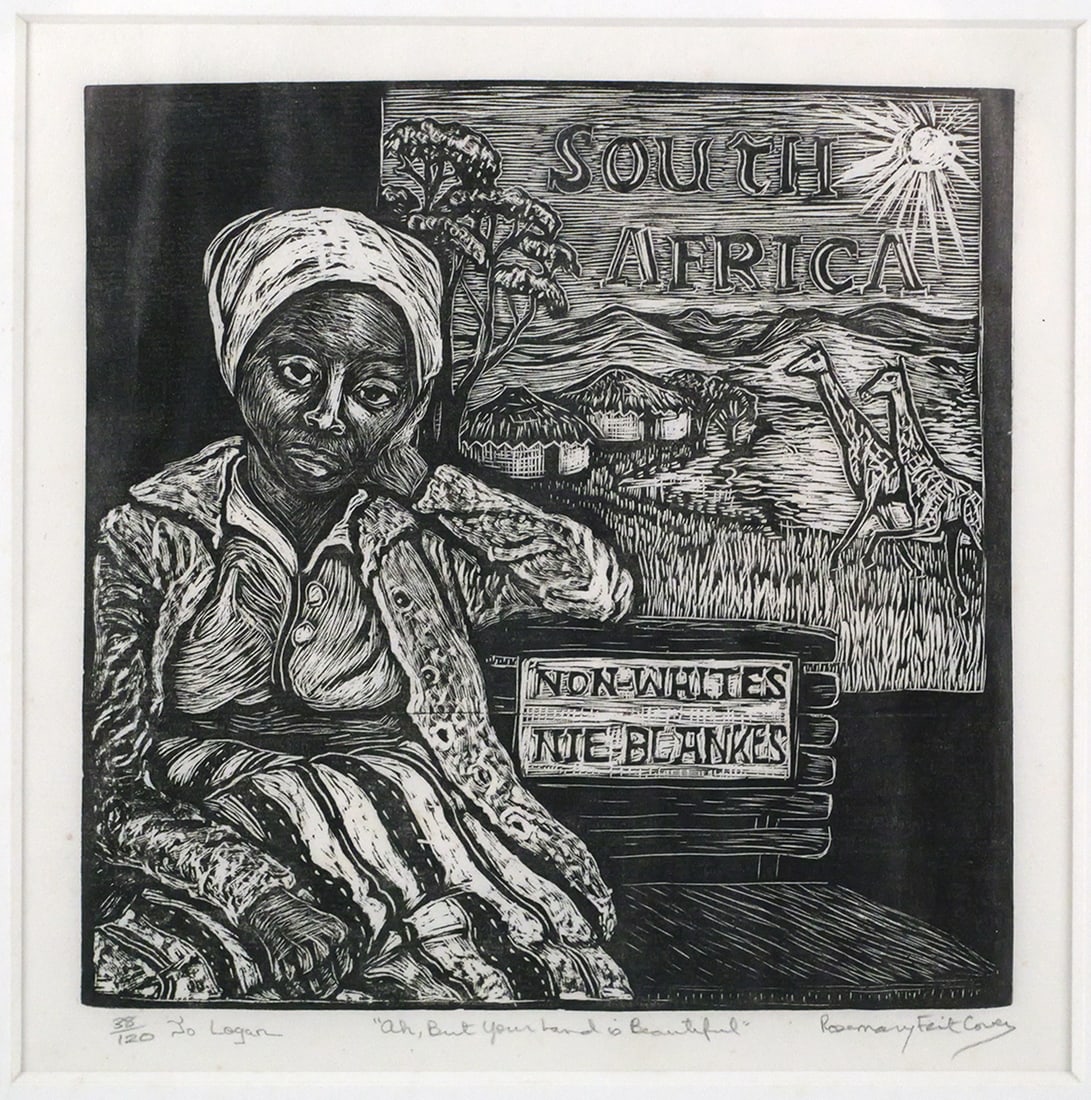 Rosemary Feit Covey Engraving On Paper: Rosemary Feit Covey (1954 - ) wood engraving print on paper titled "Ah, But Your Land is Beautiful". Bottom margin numbered 38/120 and inscribed "To Logan" on the left, center with the title, and righ