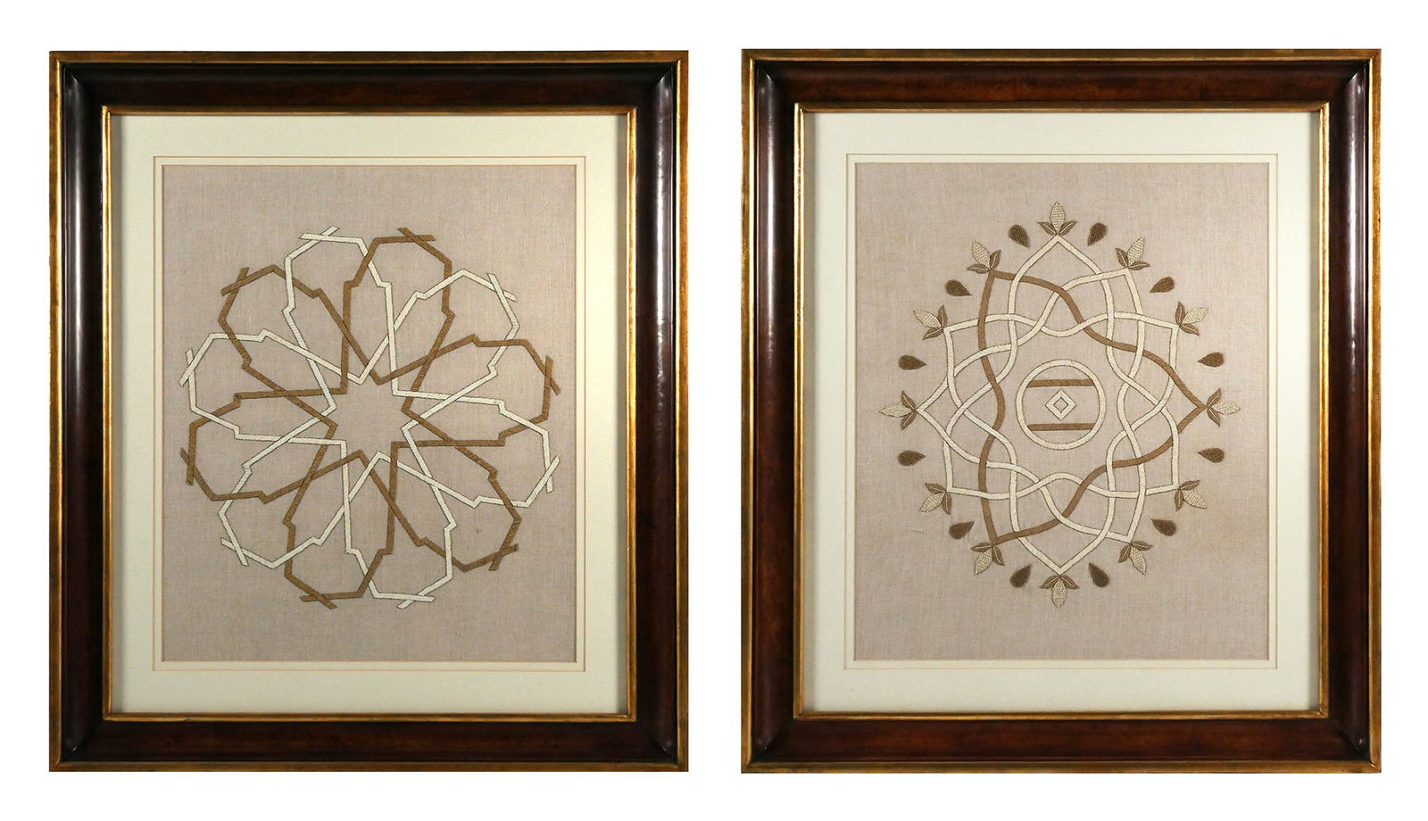 (2) TROWBRIDGE Metal Embroidery Pattern Artworks: Two textile artworks, geometric design with embroidered silver and gold thread on linen, image measures 23-1/2" x 19-1/2" frame measures 33-1/2" x 29-1/2". This item will need to be shipped by a packi