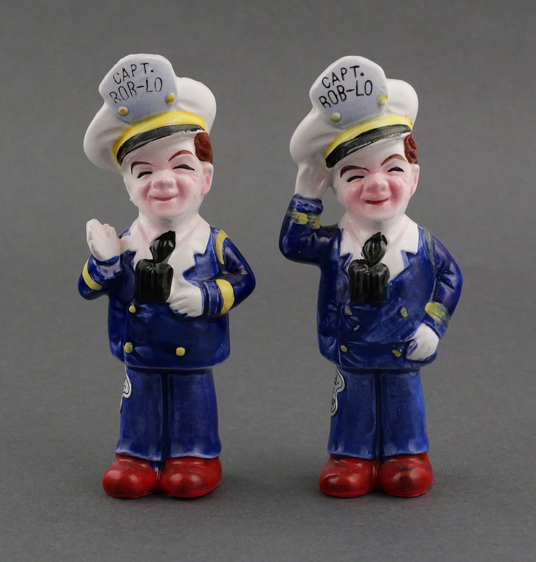 Bob-Lo Island Salt & Pepper Shakers: Capt. Bob-Lo advertising novelty ceramic shakers commemorating Captain Bob-Lo, the Ringling Brothers Circus performer Joe Short who was hired to perform as a clown on the ferries taking the amusement