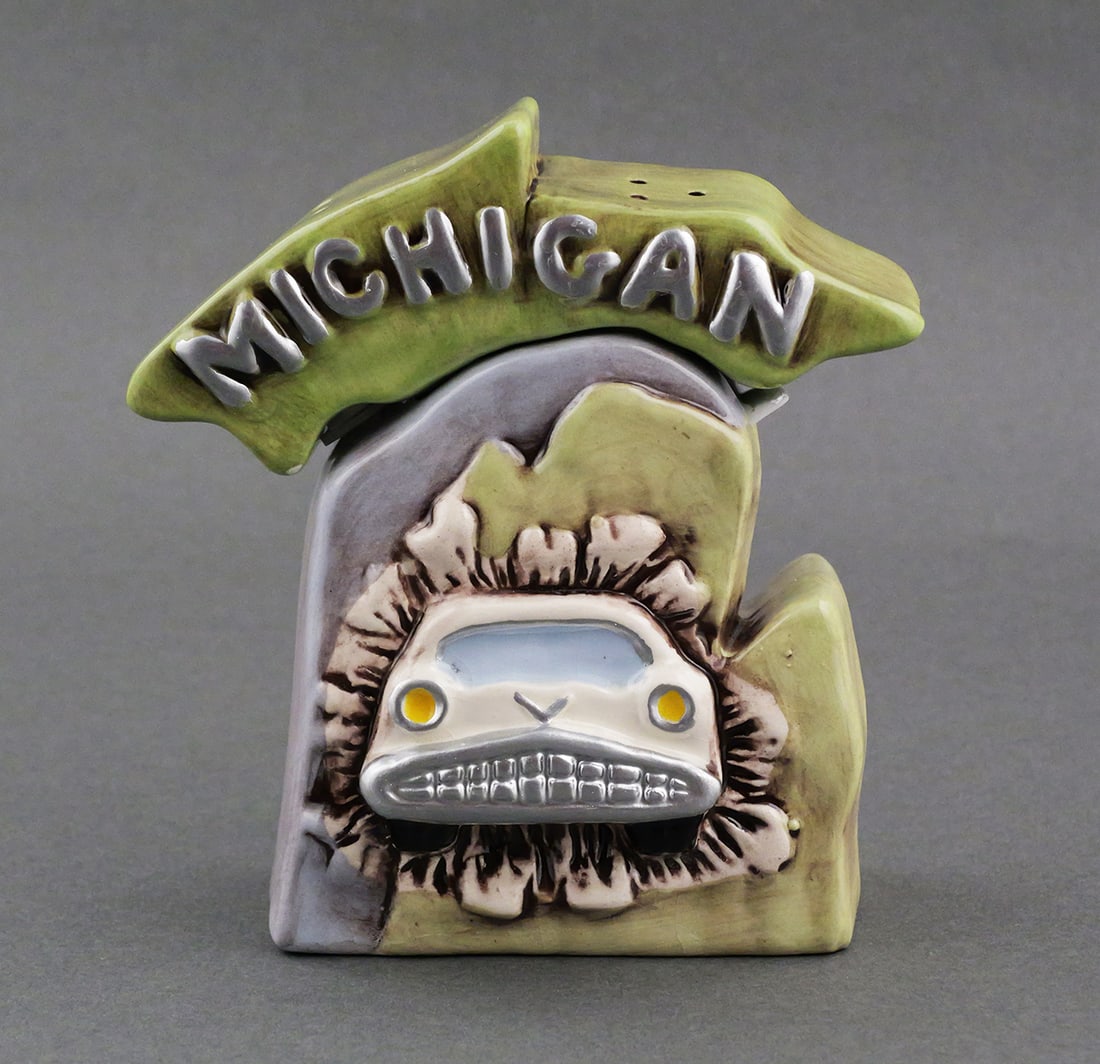 Michigan 1994 Convention Condiment Set: Novelty condiment set in the form of the state of Michigan commemorating the 9th Annual Novelty Salt and Pepper Shakers Club Convention, 1994. one piece shaker set sits on top of mustard pot with orig