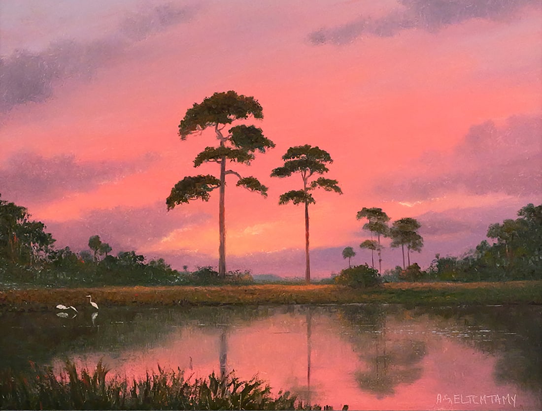 AHMED ELTEMTAMY Florida Landscape Painting: Oil on board titled "Backwater Sunrise" by Ahmed Eltemtamy, in the style of the original Highwaymen artists, signed lower right, sight 11-1/2" x 15-1/2" frame 17" x 21". This item will need to be ship