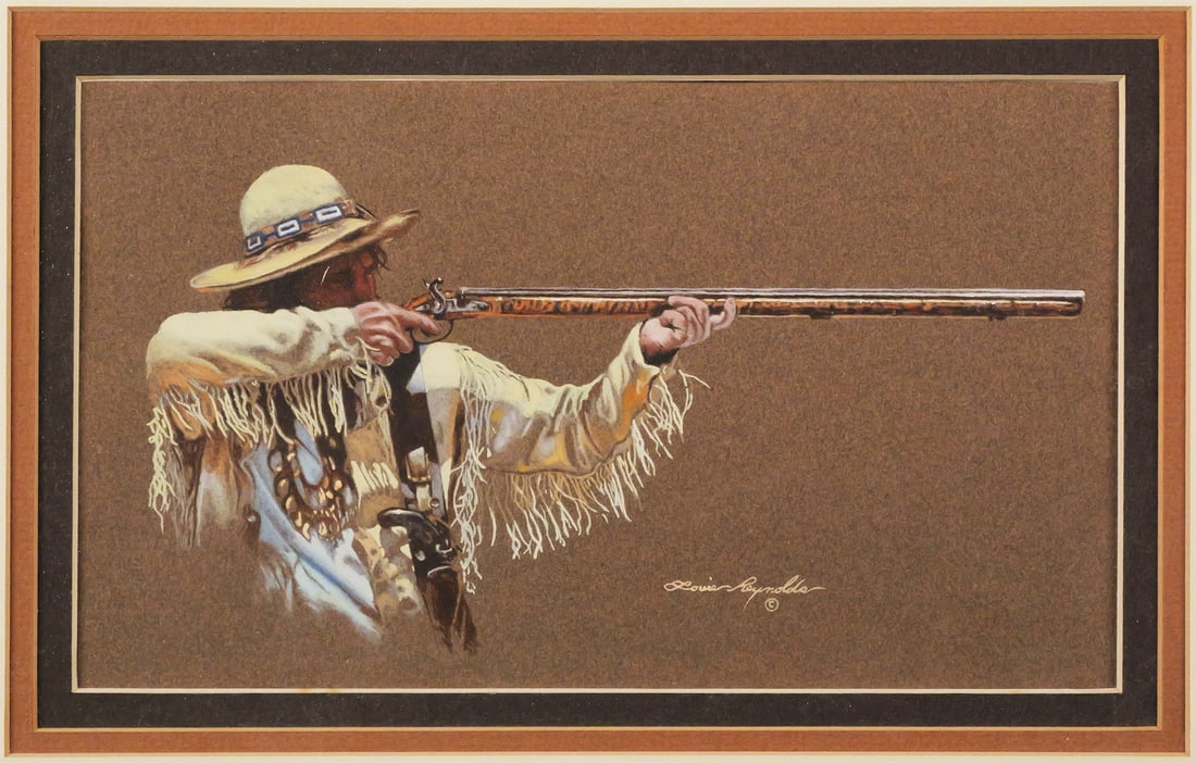 LOUIE REYNOLDS Gouache Hunter & Rifle: Gouache on brown paper of Mountain man holding and pointing a rifle, signed Louie Reynolds lower right, image 5-1/2" x 9-1/2" frame 14" x 18-1/2". This item will need to be shipped by a packing compan