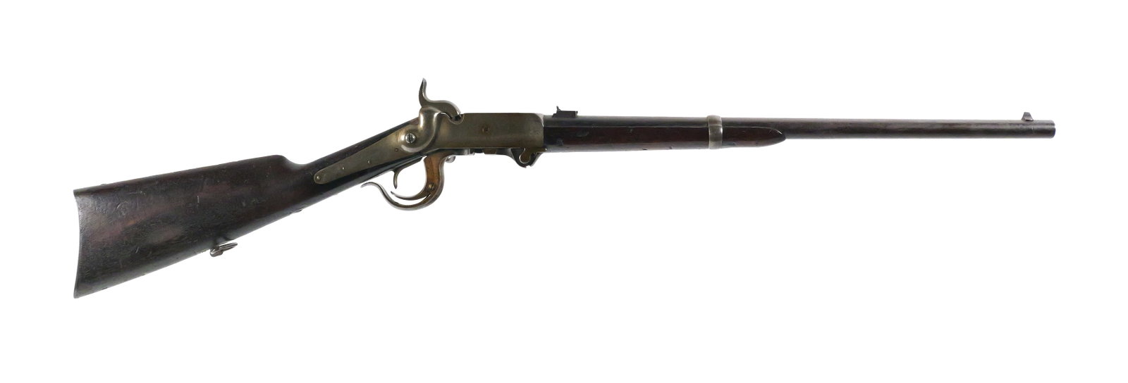 Civil War .54 BURNSIDE Cavalry Carbine: 1864 Burnside Patent fifth model saddle ring carbine, serial number 33694. Patent 1856 on frame just forward of block. Block and frame numbers match. Caliber .54 Burnside. Barrel measures 21" long. In