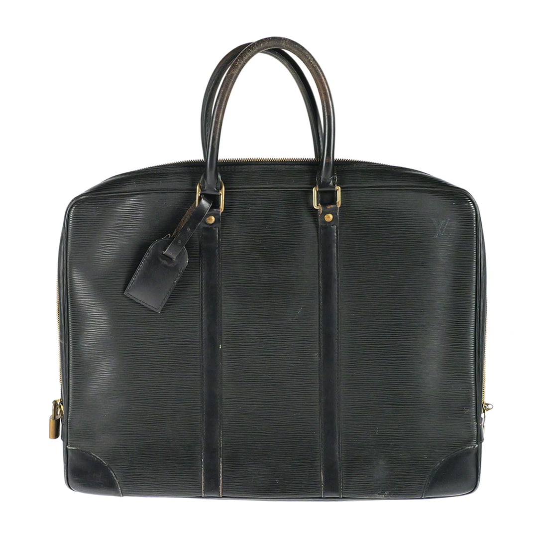 Louis Vuitton Epi Leather Porte Document Briefcase: Louis Vuitton Black Epi Leather Porte Document Voyage Briefcase. Measures approx 16" x 12" x 3". Handle drop is 4-1/2". Unconditionally guaranteed to be authentic. This item can be shipped in-house.