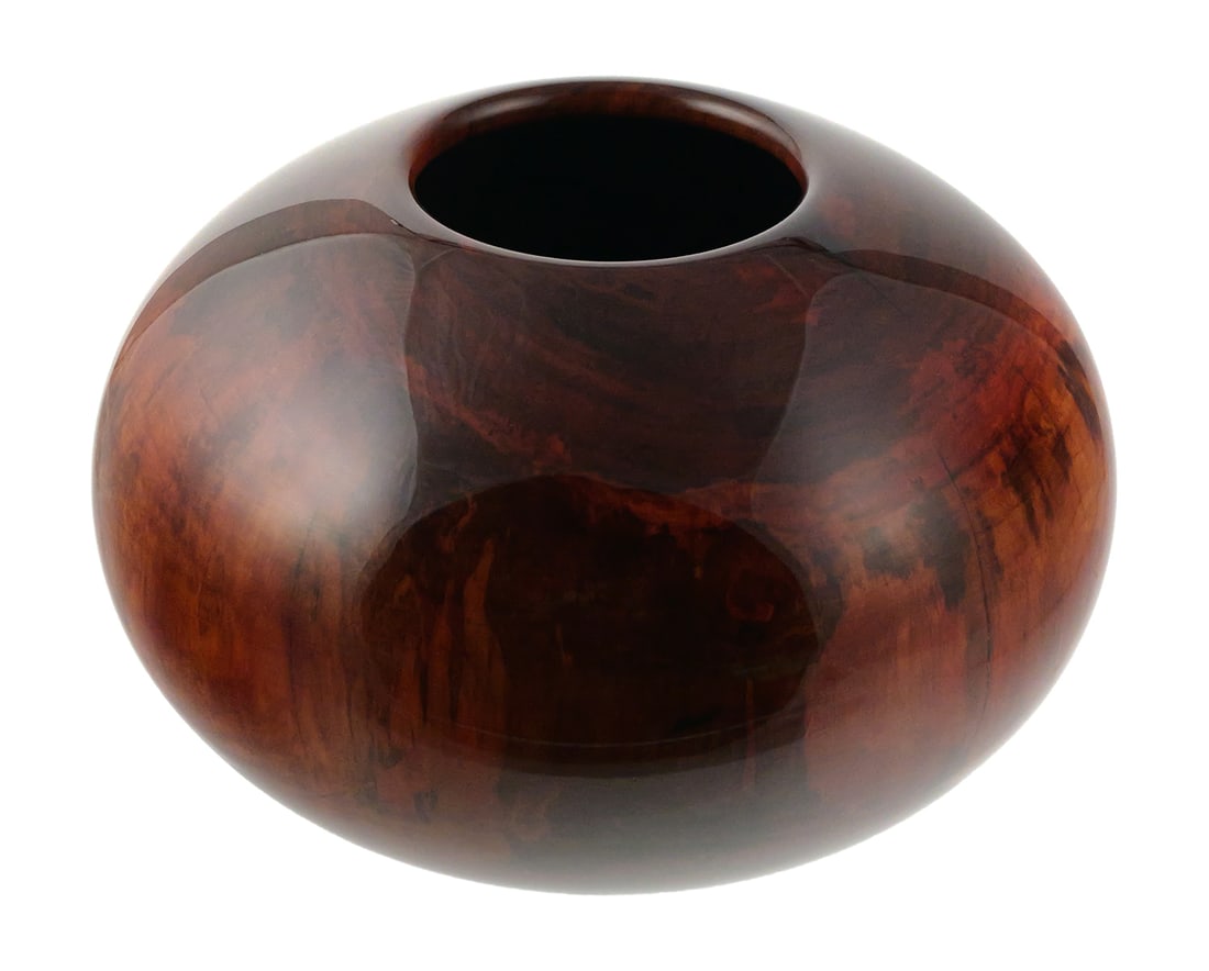 MATT MOULTHROP Cherry Laurel Vessel: Turned wood bowl or vase, Cherry Laurel, #217-051. Signed on bottom by artist Matt Moulthrop (American, b. 1977). Measures about 9" diameter and 6" high. This item can be shipped in-house. Multiple lo