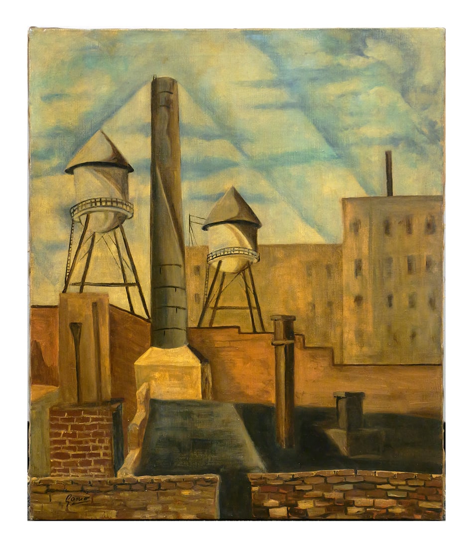 EMIL GANSO New York Skyline WPA Era O/C: Urban Modernist industrial oil on canvas painting by Emil Ganso (German/American, 1895-1941). Depicts New York rooftop architecture with water towers, smokestacks and angular cloud formation. This par