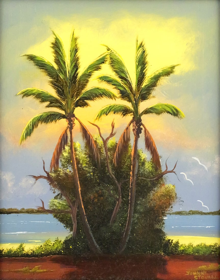 JOHNNY STOVALL Highwaymen Landscape Painting: Oil on artist board by Florida Highwaymen painter Johnny Stovall, signed lower right. Image measures approx 8" x 10", frame is 13" x 15". This item can be shipped in-house. Multiple lot combined