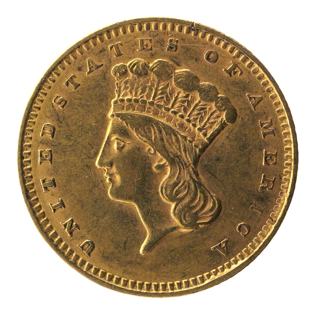 1857 U.S. Gold $1 Coin: One dollar United States gold coin, 1857. Good detail, estimated to be F-VF. This item can be shipped in-house. Multiple lot combined shipping may require 3rd Party shipping.