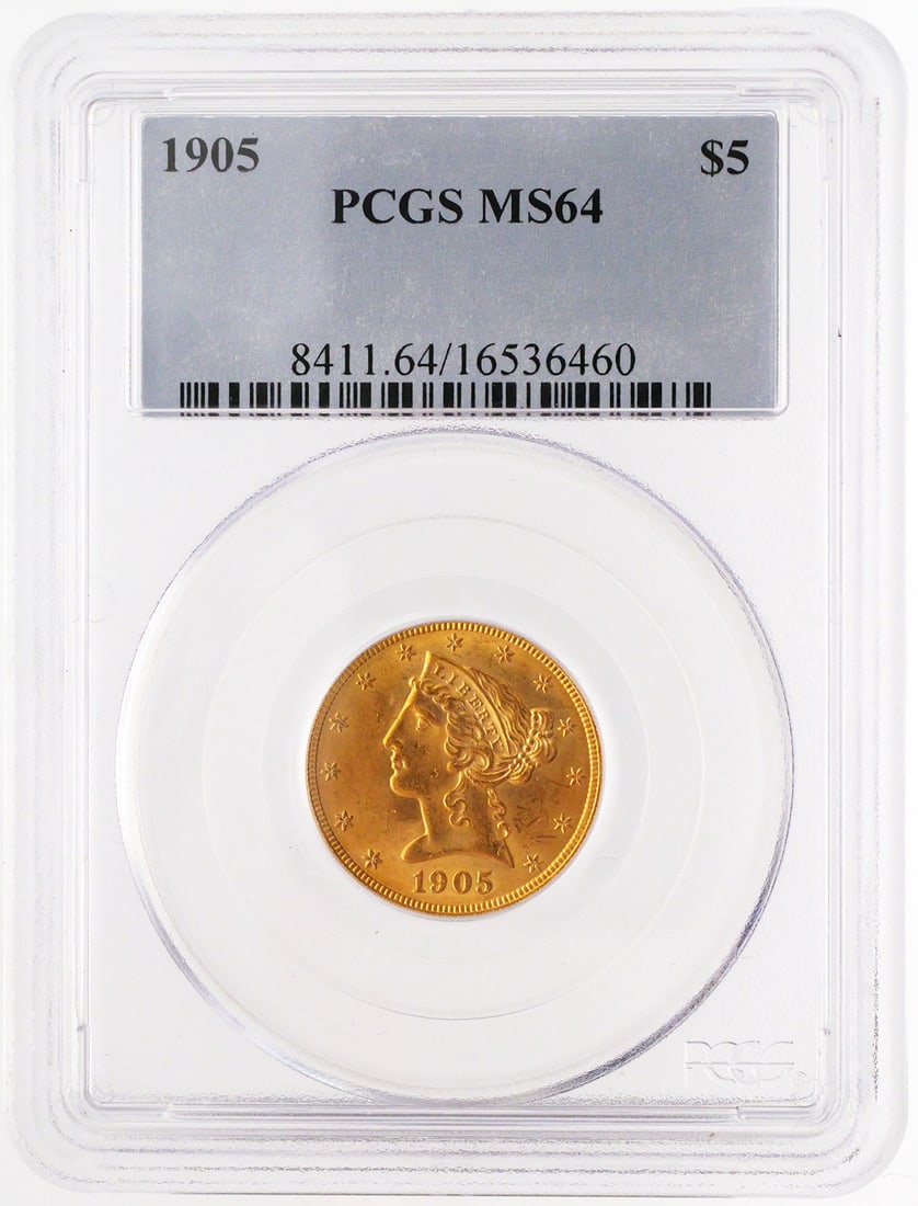 1905 $5 Gold Half Eagle PCGS MS64: 1905 U.S. gold half eagle, Liberty Head design. PCGS graded MS64. No mintmark. PLEASE NOTE: Credit cards may not be accepted for this purchase. This item can be shipped in-house. Multiple lot
